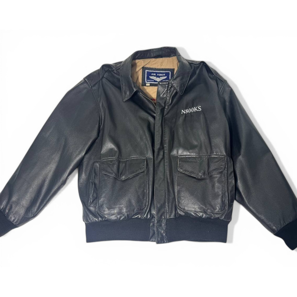 Air Force Leather Jacket Black Bomber Flight Jacket XL USA Flag Lined N800KS